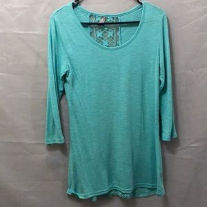 Sheer/soft/teal long sleeve shirt with lace back